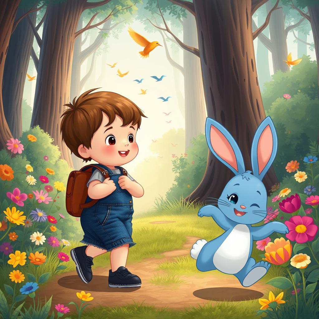 A delightful cartoon image inspired by a children's story featuring a 10-month-old baby boy with thick hair, dressed in a short denim jumper, black shoes, and a tiny leather backpack