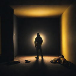 Reframe the scene, adding depth and perspective, whereby the shadowy figure in mountain gear stands in the foreground of the dark room, radiating bright, yellow energy, with the room stretching out behind him.