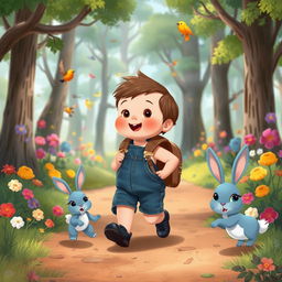 A delightful cartoon image inspired by a children's story featuring a 10-month-old baby boy with thick hair, dressed in a short denim jumper, black shoes, and a tiny leather backpack