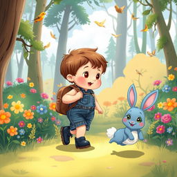 A delightful cartoon image inspired by a children's story featuring a 10-month-old baby boy with thick hair, dressed in a short denim jumper, black shoes, and a tiny leather backpack