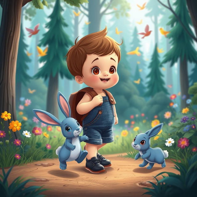 A delightful cartoon image inspired by a children's story featuring a 10-month-old baby boy with thick hair, dressed in a short denim jumper, black shoes, and a tiny leather backpack