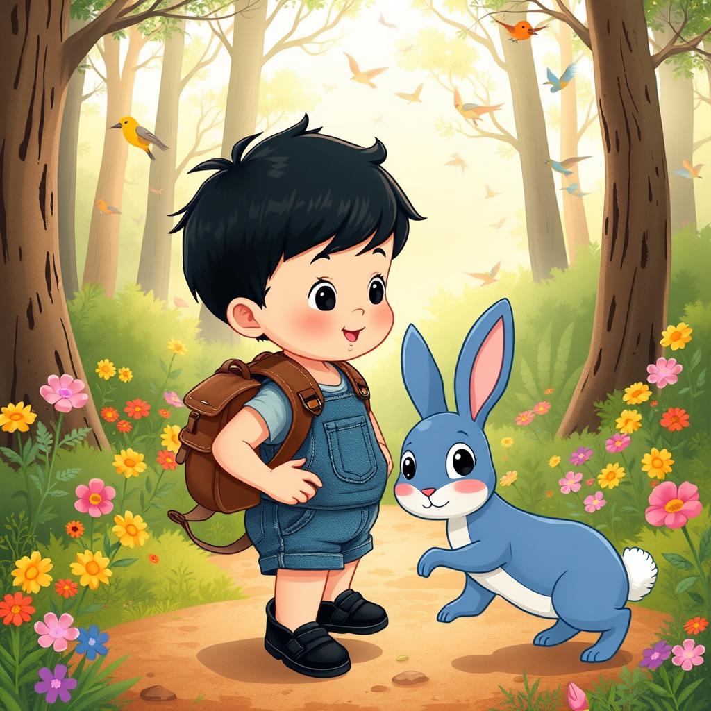 A charming cartoon illustration for a children's story, featuring a 10-month-old baby boy with thick black hair, clad in a short denim jumper and black shoes, carrying a small leather backpack