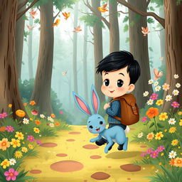 A charming cartoon illustration for a children's story, featuring a 10-month-old baby boy with thick black hair, clad in a short denim jumper and black shoes, carrying a small leather backpack