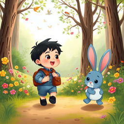 A charming cartoon illustration for a children's story, featuring a 10-month-old baby boy with thick black hair, clad in a short denim jumper and black shoes, carrying a small leather backpack