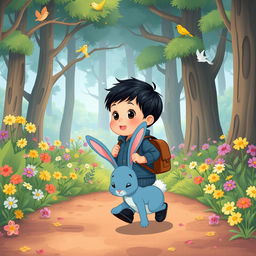 A charming cartoon illustration for a children's story, featuring a 10-month-old baby boy with thick black hair, clad in a short denim jumper and black shoes, carrying a small leather backpack