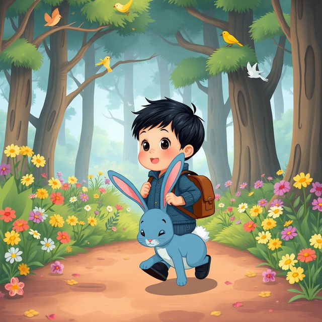 A charming cartoon illustration for a children's story, featuring a 10-month-old baby boy with thick black hair, clad in a short denim jumper and black shoes, carrying a small leather backpack