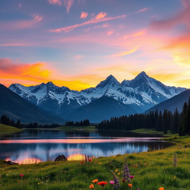 A scenic view of a mountain range with snow-capped peaks during sunrise