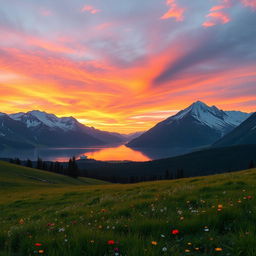 A scenic view of a mountain range with snow-capped peaks during sunrise