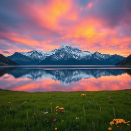 A scenic view of a mountain range with snow-capped peaks during sunrise