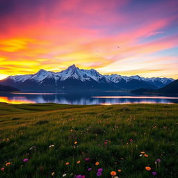 A scenic view of a mountain range with snow-capped peaks during sunrise