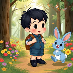 A charming cartoon illustration for a children's story, featuring a 10-month-old baby boy with thick black hair, clad in a short denim jumper and black shoes, carrying a small leather backpack