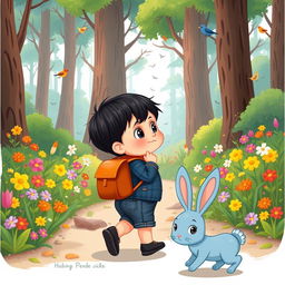 A charming cartoon illustration for a children's story, featuring a 10-month-old baby boy with thick black hair, clad in a short denim jumper and black shoes, carrying a small leather backpack