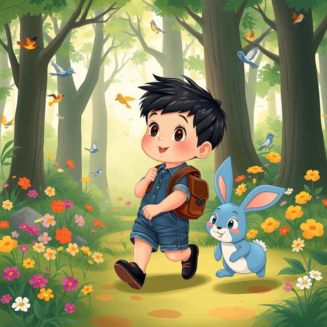 A charming cartoon illustration for a children's story, featuring a 10-month-old baby boy with thick black hair, clad in a short denim jumper and black shoes, carrying a small leather backpack