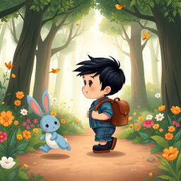 A charming cartoon illustration for a children's story, featuring a 10-month-old baby boy with thick black hair, clad in a short denim jumper and black shoes, carrying a small leather backpack