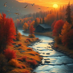 An enchanting autumn landscape with a serene river flowing through the golden and red forest, a cozy wooden cabin nestled among the trees, and a small flock of birds flying gracefully overhead