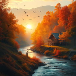 An enchanting autumn landscape with a serene river flowing through the golden and red forest, a cozy wooden cabin nestled among the trees, and a small flock of birds flying gracefully overhead