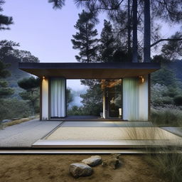 Avant-garde house, architecturally inspired by Toyo Ito, overlooking a scenic backdrop