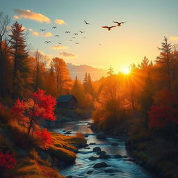 An enchanting autumn landscape with a serene river flowing through the golden and red forest, a cozy wooden cabin nestled among the trees, and a small flock of birds flying gracefully overhead