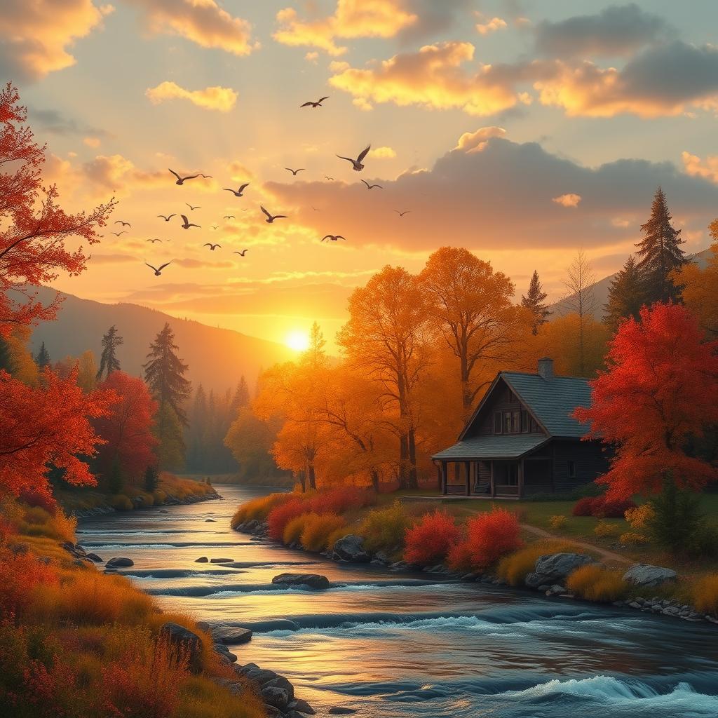 An enchanting autumn landscape with a serene river flowing through the golden and red forest, a cozy wooden cabin nestled among the trees, and a small flock of birds flying gracefully overhead