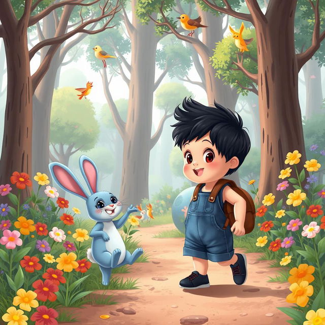 A playful cartoon scene depicting a 10-month-old baby boy with thick black hair, wearing a short denim jumper, black shoes, and a small leather backpack