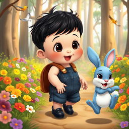 A playful cartoon scene depicting a 10-month-old baby boy with thick black hair, wearing a short denim jumper, black shoes, and a small leather backpack