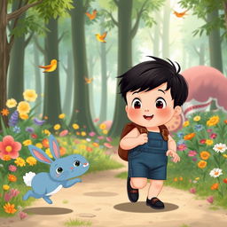 A playful cartoon scene depicting a 10-month-old baby boy with thick black hair, wearing a short denim jumper, black shoes, and a small leather backpack