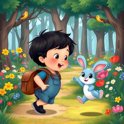 A playful cartoon scene depicting a 10-month-old baby boy with thick black hair, wearing a short denim jumper, black shoes, and a small leather backpack