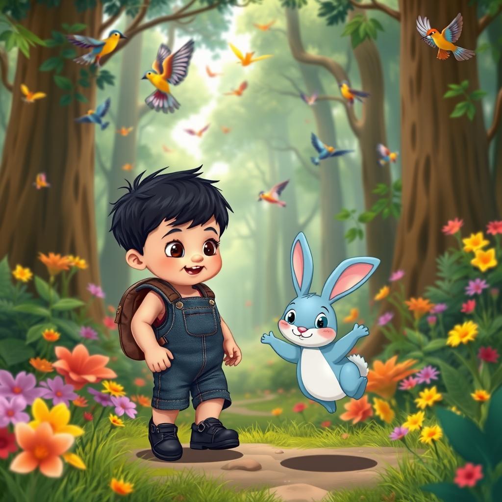 A cartoon of a 10-month-old baby boy with thick black hair, wearing short denim overalls, black shoes, and a leather backpack