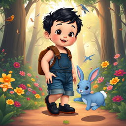 A cartoon of a 10-month-old baby boy with thick black hair, wearing short denim overalls, black shoes, and a leather backpack