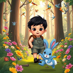 A cartoon of a 10-month-old baby boy with thick black hair, wearing short denim overalls, black shoes, and a leather backpack