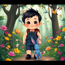 A cartoon of a 10-month-old baby boy with thick black hair, wearing short denim overalls, black shoes, and a leather backpack