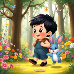 A delightful cartoon scene featuring a 10-month-old baby boy with thick black hair