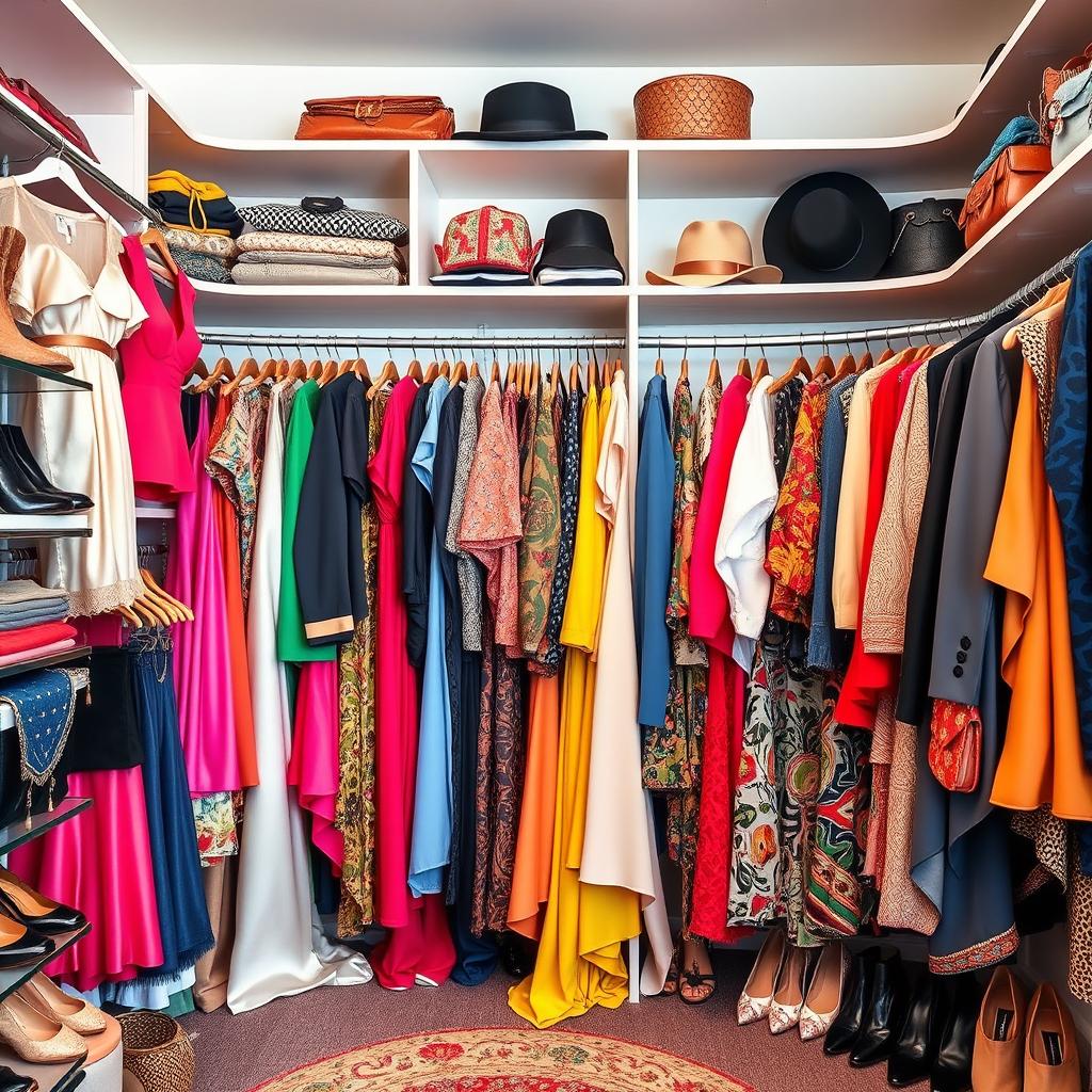 A stylish wardrobe filled with a variety of colorful clothing pieces, including elegant dresses, casual outfits, formal suits, and trendy accessories