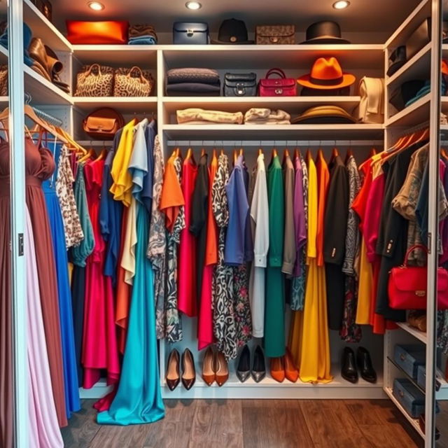 A stylish wardrobe filled with a variety of colorful clothing pieces, including elegant dresses, casual outfits, formal suits, and trendy accessories