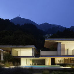 Avant-garde house, architecturally inspired by Toyo Ito, overlooking a scenic backdrop