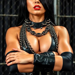 A close-up torso shot of a gorgeous female wrestler with black hair, wearing shiny black wrestling gear adorned with numerous chains