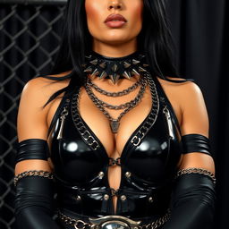 A close-up shot highlighting the chest and torso of a gorgeous female wrestler with striking black hair