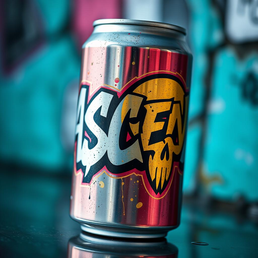 A close-up photoshoot of a soda can featuring graffiti with the word "ASCEND" in bold, dynamic lettering on the surface