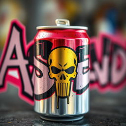 A close-up photoshoot of a soda can featuring graffiti with the word "ASCEND" in bold, dynamic lettering on the surface