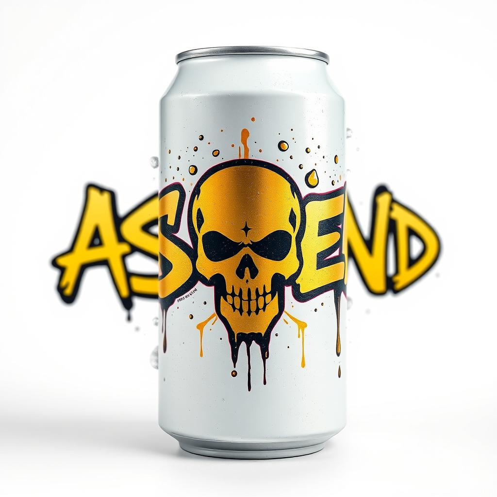 A soda can featuring graffiti with the word "ASCEND" in bold, dynamic lettering on the surface