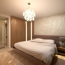 Design of a stylish and comfortable bedroom with modern decor, ambient lighting, sleek furniture, plush bedding, and personal touches that reflect personality and taste.