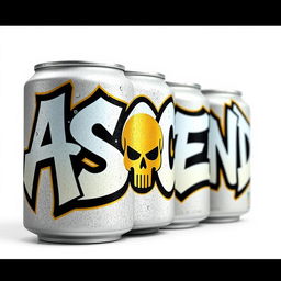 A soda can with the graffiti word "ASCEND" covering its entire surface in bold, dynamic lettering