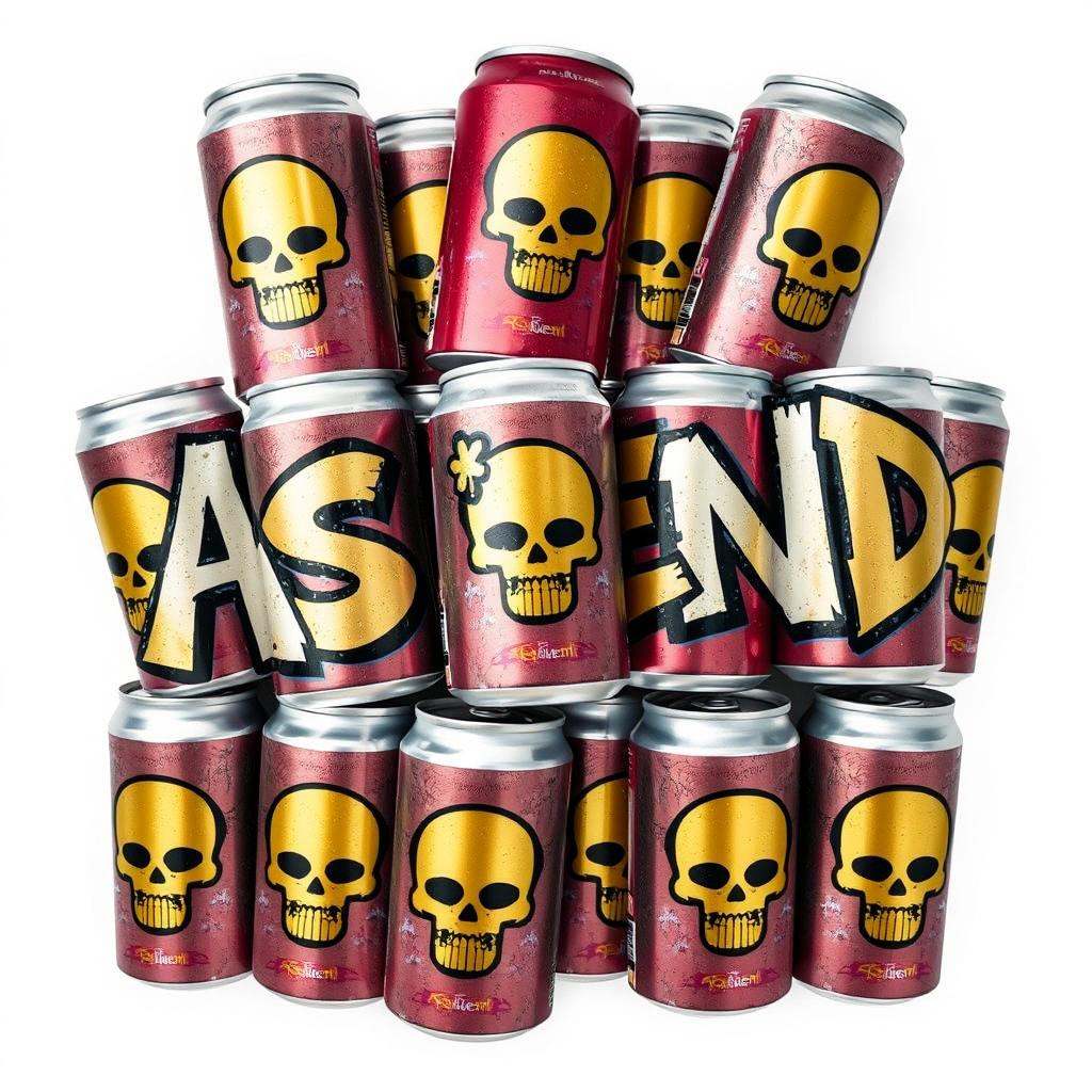 A pile of soda cans with the graffiti letters "ASCEND" prominently displayed on each can