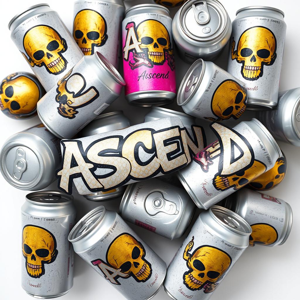 A pile of soda cans with the graffiti letters "ASCEND" prominently displayed on each can