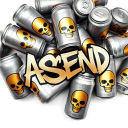 A pile of soda cans with the graffiti letters "ASCEND" prominently displayed on each can