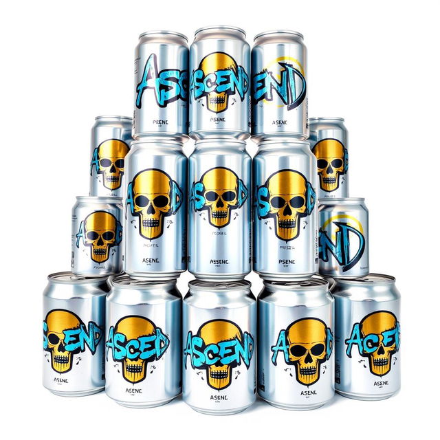 A pyramid of soda cans with graffiti letters "ASCEND" prominently displayed on each can