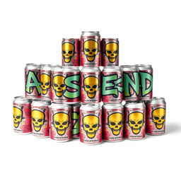 A pyramid of soda cans with graffiti letters "ASCEND" prominently displayed on each can