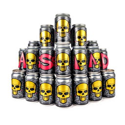 A pyramid of soda cans with graffiti letters "ASCEND" prominently displayed on each can