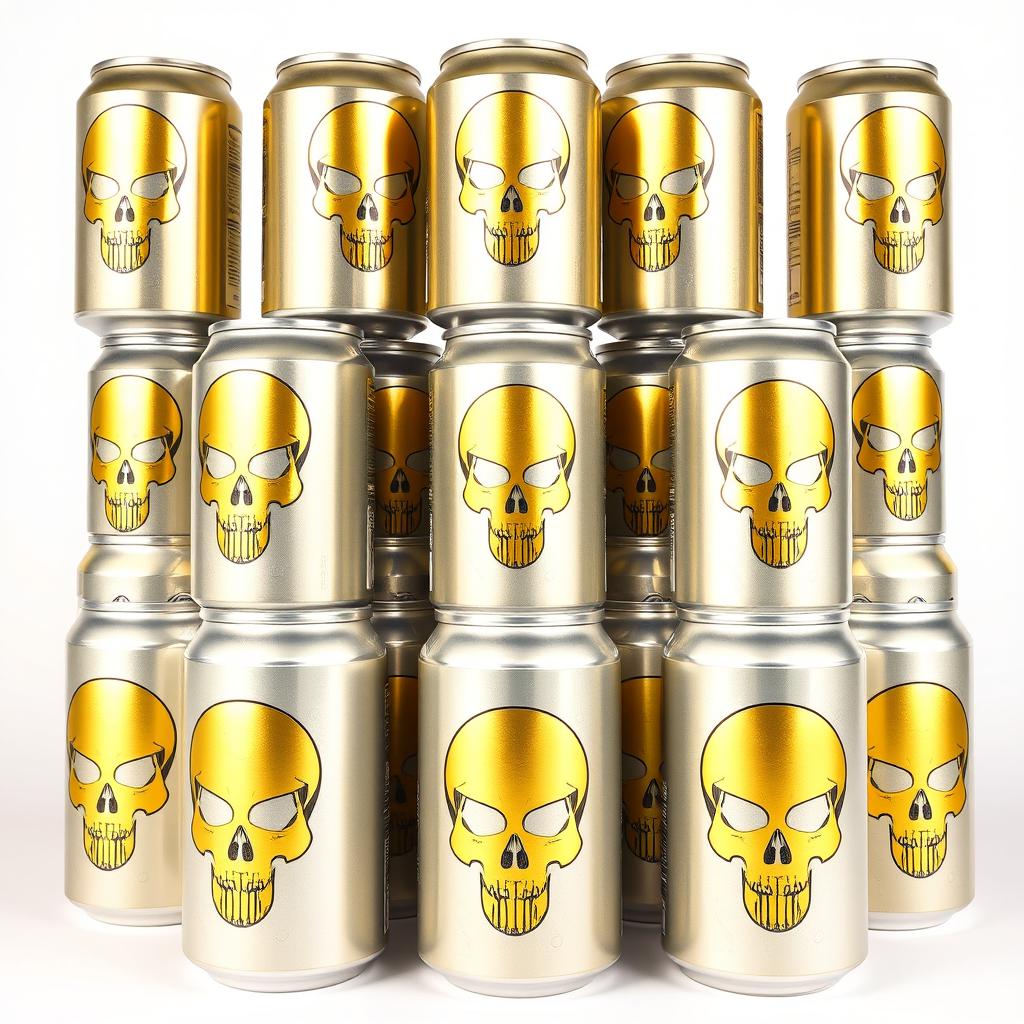 A pyramid of soda cans, each featuring a distinct gold skull silhouette design