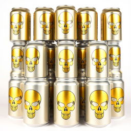 A pyramid of soda cans, each featuring a distinct gold skull silhouette design